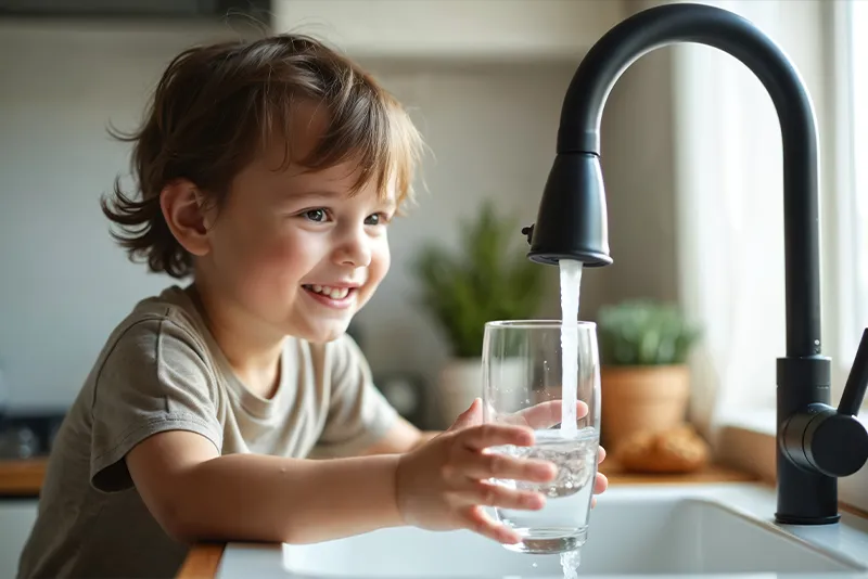 Ein Kind holt sich sauberes Wasser aus dem Wasserhahn.